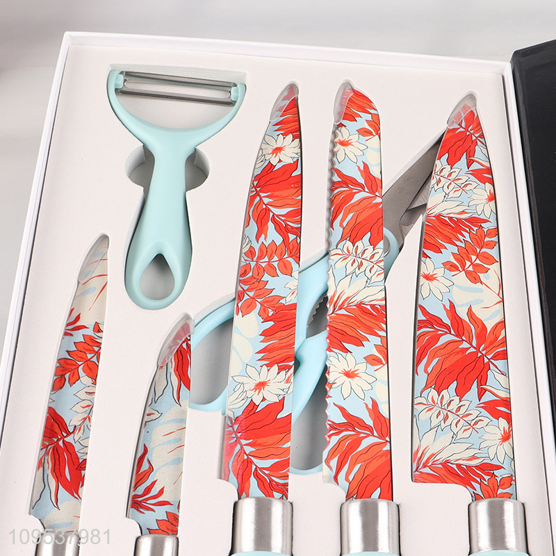 7 Pieces Floral Print Blade Kitchen Knife Set With Scissor & Peeler